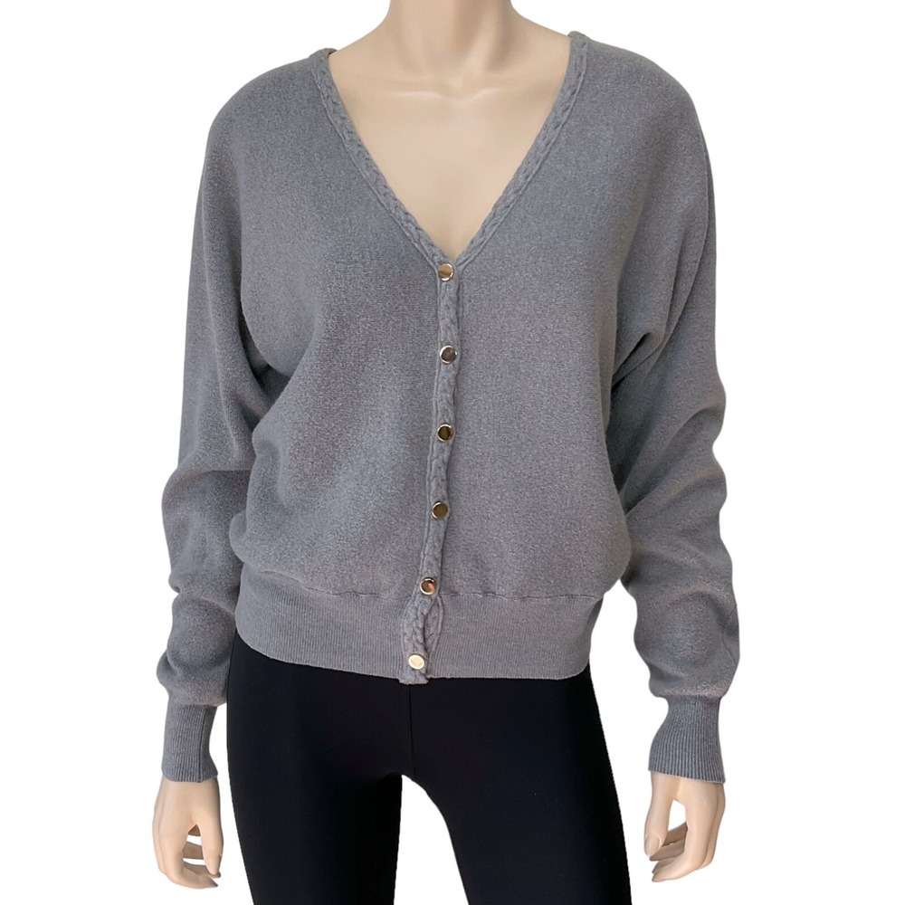 Tahari Cardigan Women Medium Gray Long Sleeve Button Down Sweater V-Neck NWT